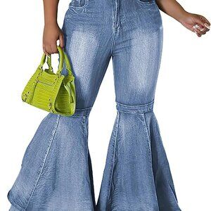 Women Bell Bottom Jeans High Waist Flare Wide Leg Denim Ruffle Hem Casual